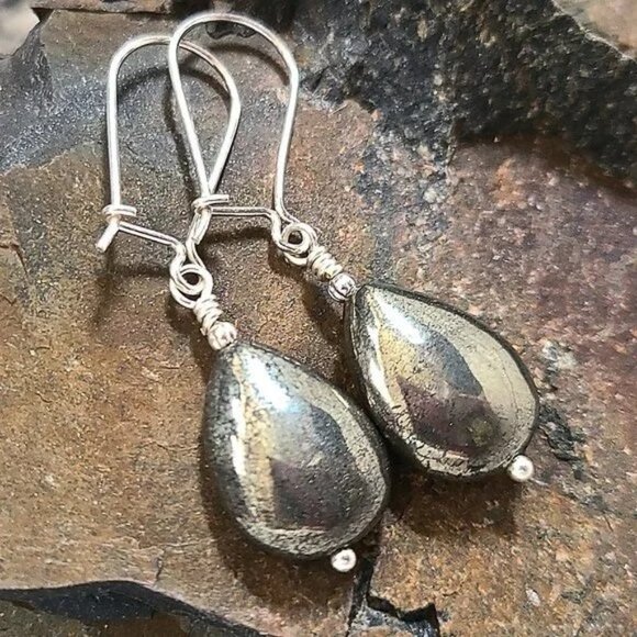 Artisan Jewelry - Golden Pyrite Earrings Sterling Silver Genuine Gemstones
